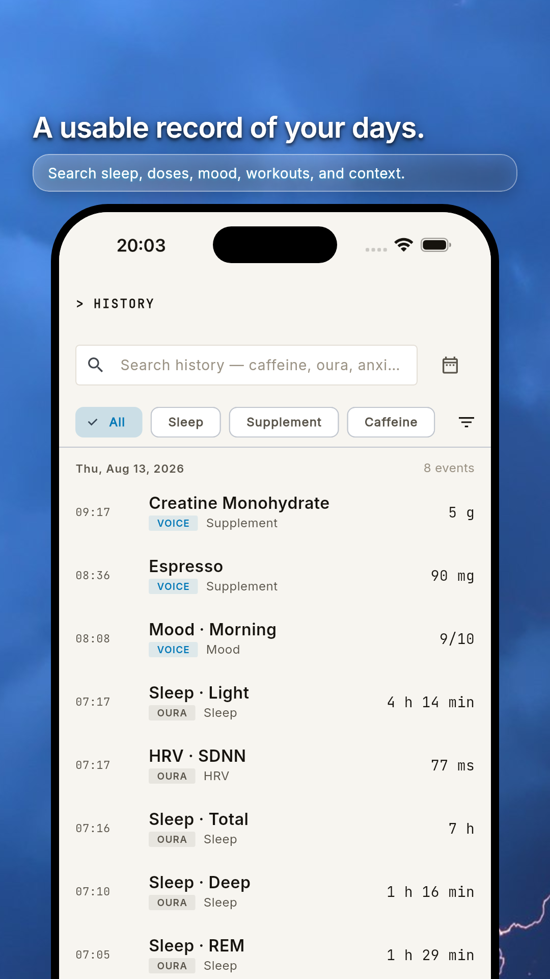 Searchable, filterable history timeline with day grouping and counts