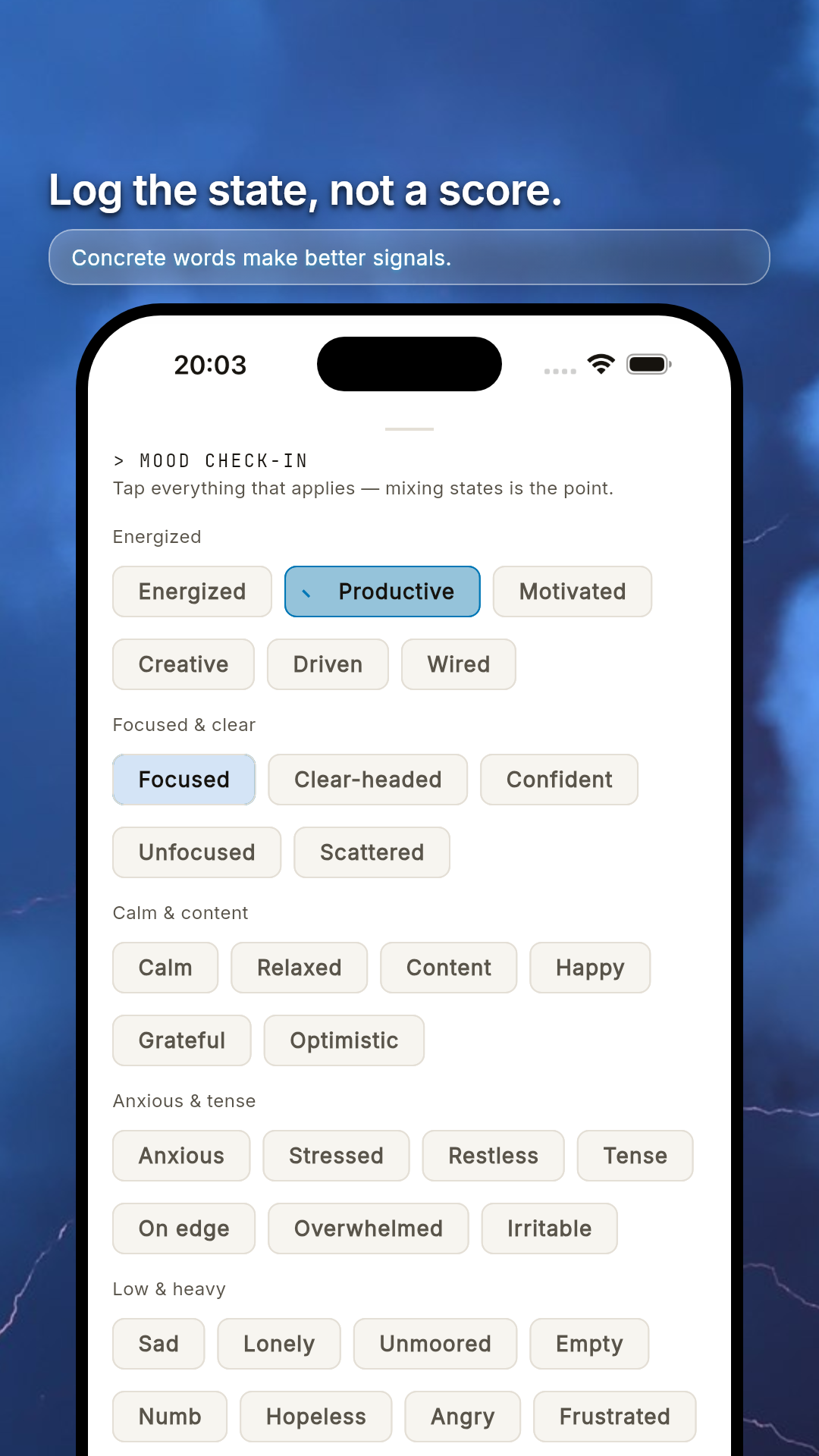 Mood check-in sheet with emotion chips like productive and focused