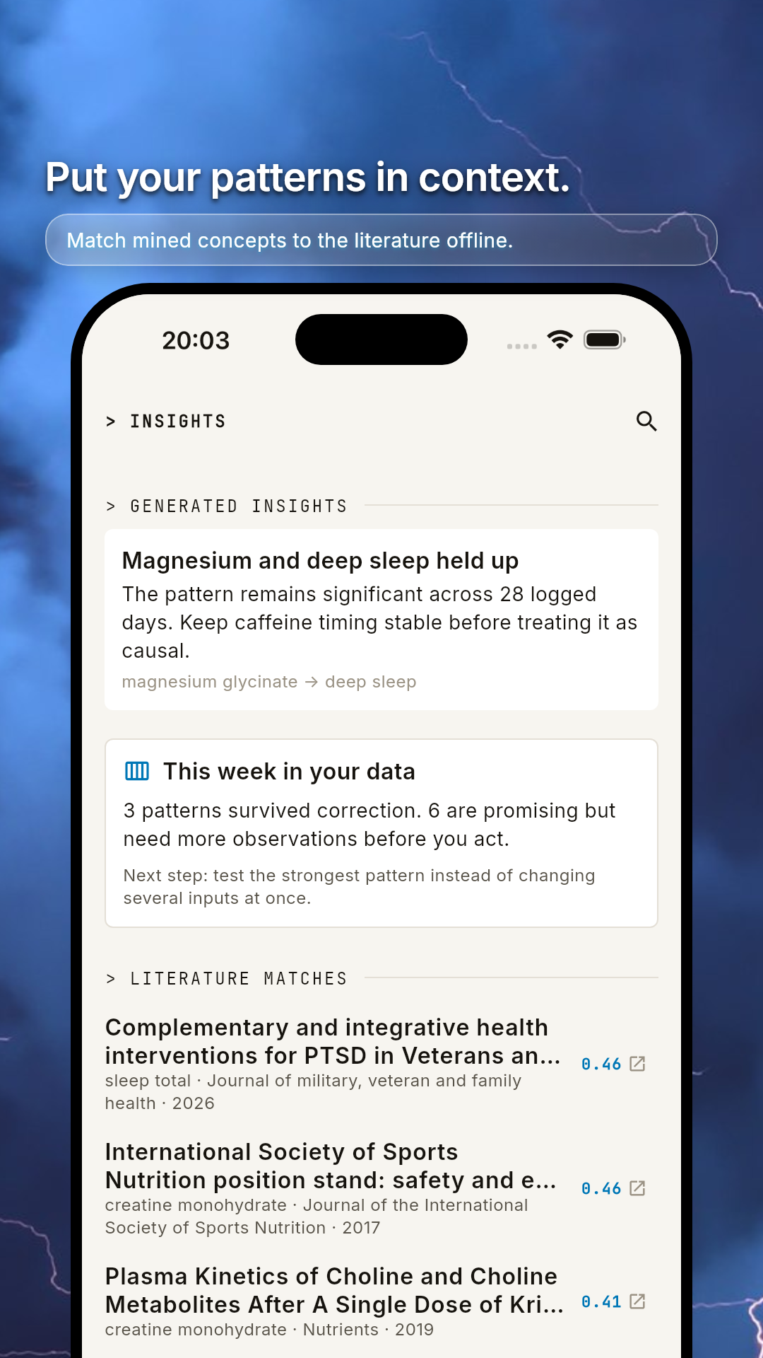 Insights tab with literature matches for mined concepts